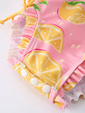Summer Lemon Print Girl Long Sleeve Ruffle One Piece Swimsuit - 3