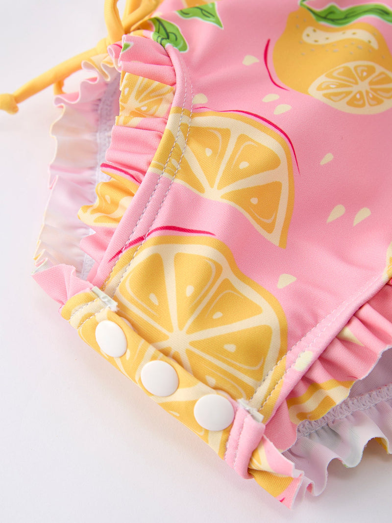 Summer Lemon Print Girl Long Sleeve Ruffle One Piece Swimsuit - 3