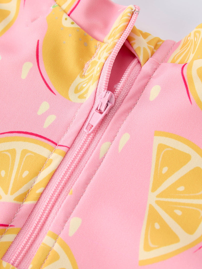 Summer Lemon Print Girl Long Sleeve Ruffle One Piece Swimsuit - 4