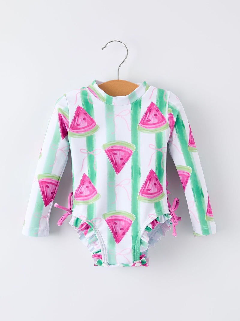 Summer Watermelon Print Girl Long Sleeve Ruffle One Piece Swimsuit - 1