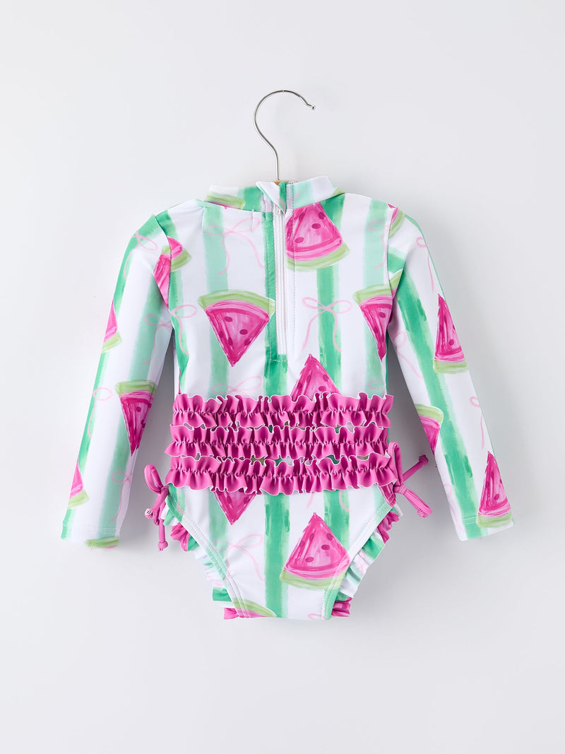 Summer Watermelon Print Girl Long Sleeve Ruffle One Piece Swimsuit - 2