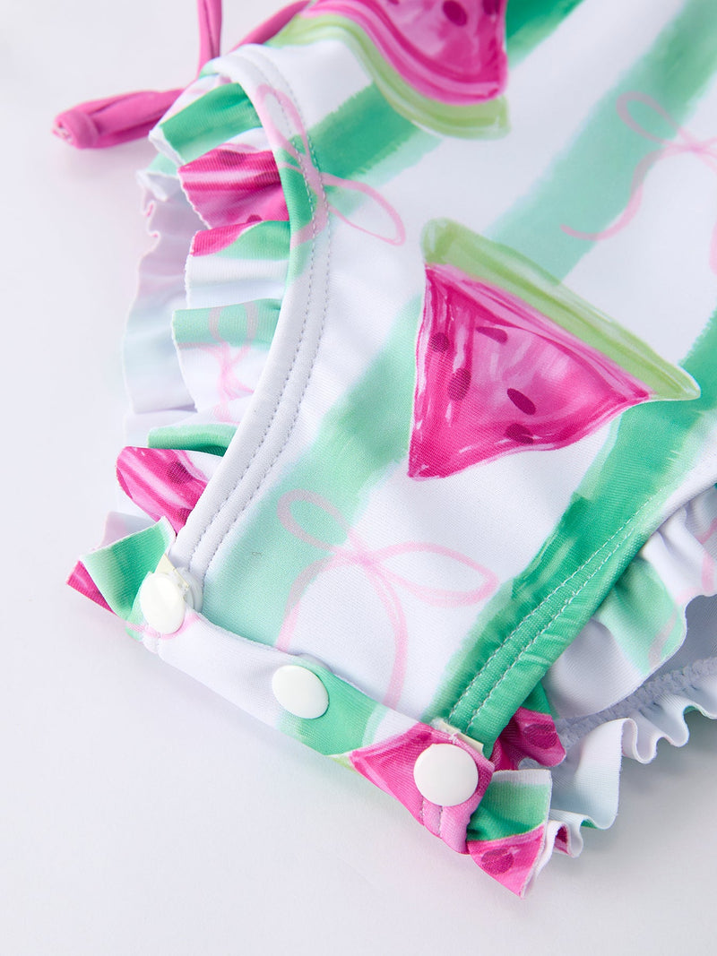 Summer Watermelon Print Girl Long Sleeve Ruffle One Piece Swimsuit - 3