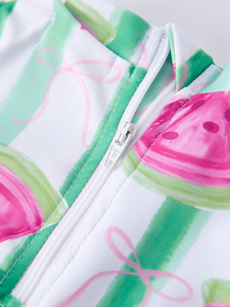 Summer Watermelon Print Girl Long Sleeve Ruffle One Piece Swimsuit - 4