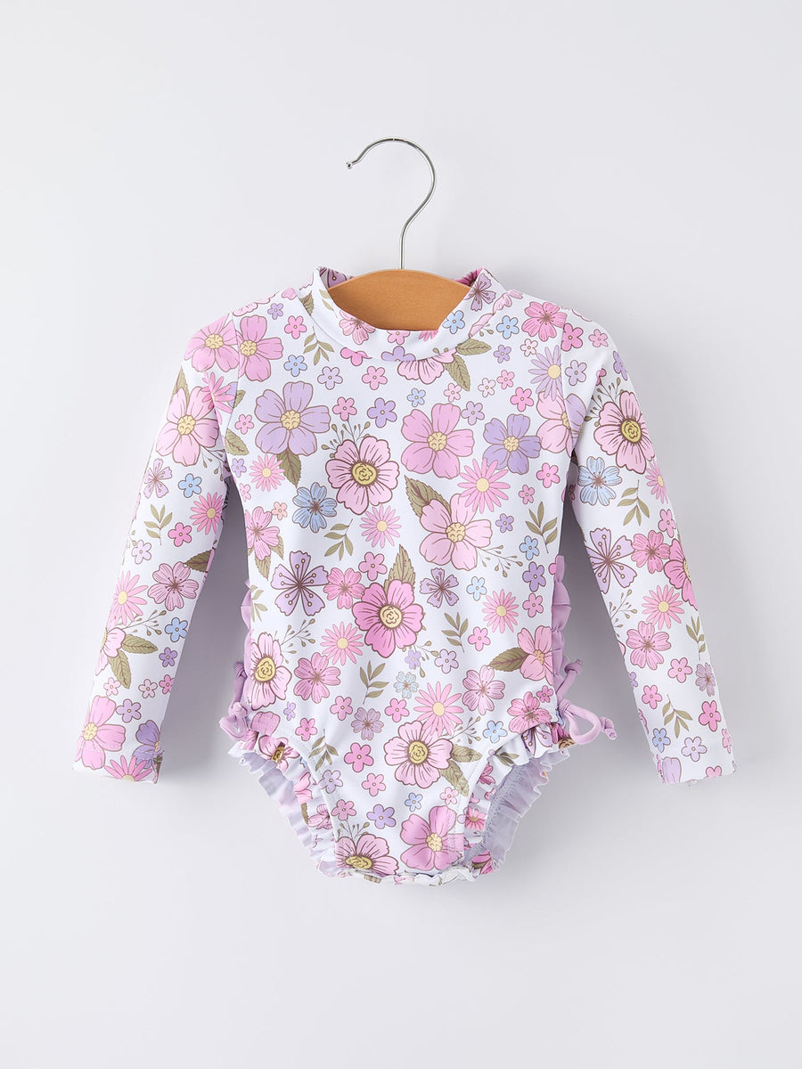 Floral Girls Long Sleeve One-Piece Swimsuit