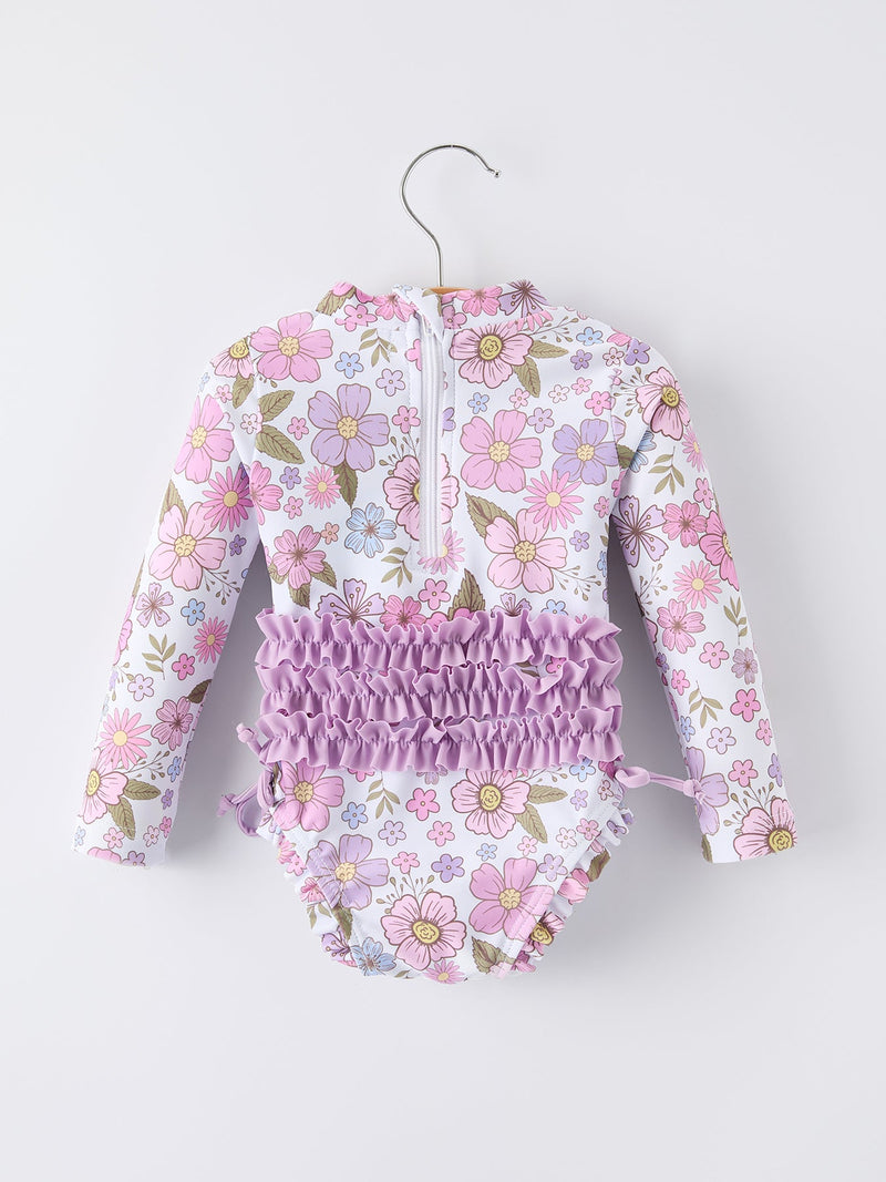 Floral Girls Long Sleeve One-Piece Swimsuit - 2