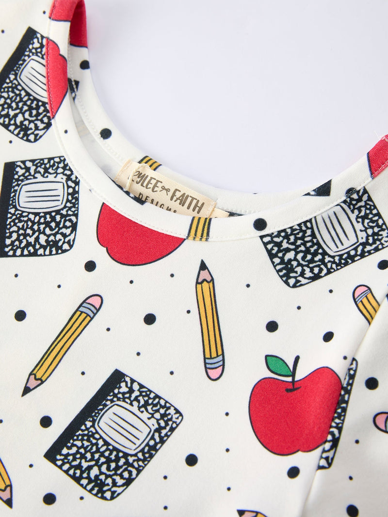 Back to School Apple Pencil Print Girls Dress - 3