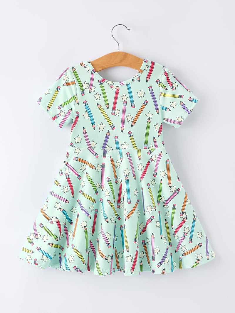 Back to School Pencil Print Girls Dress Short Sleeve - 2