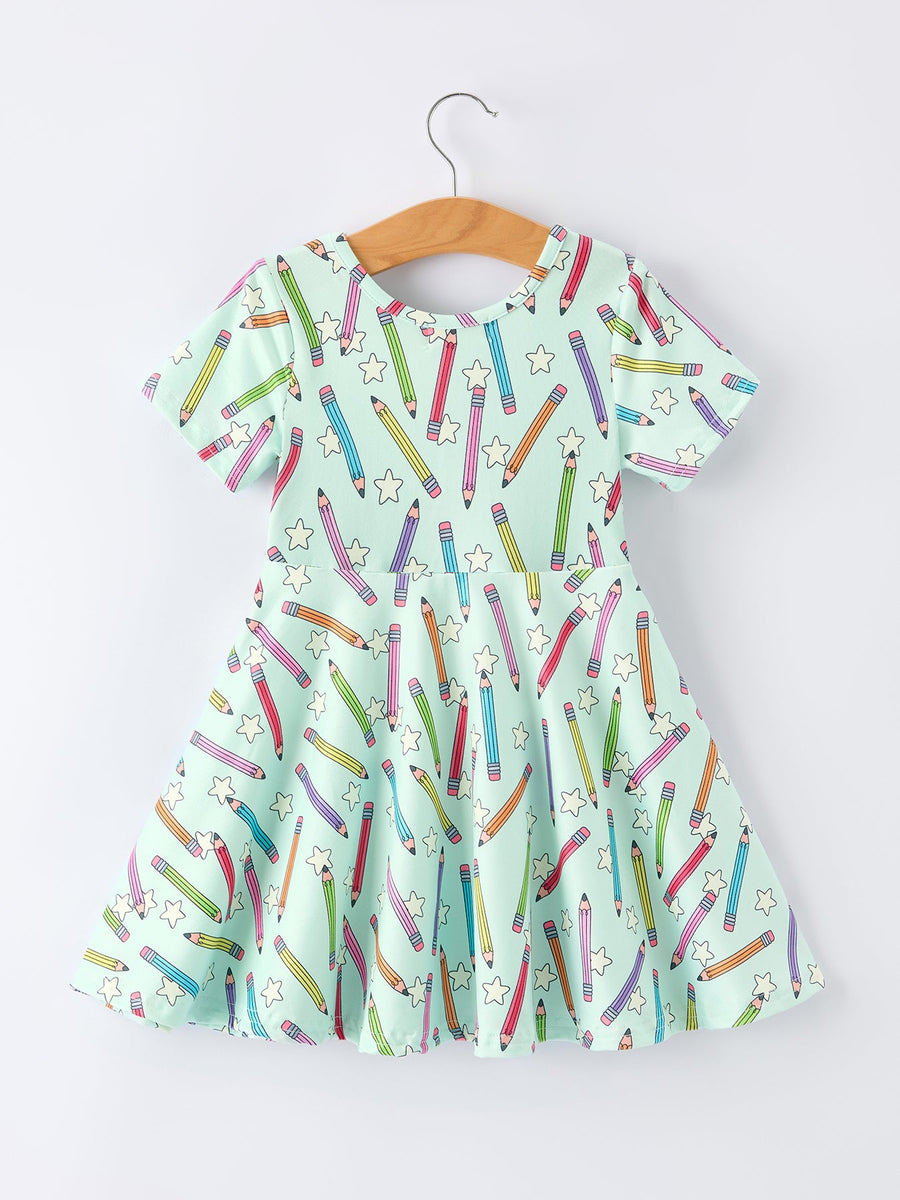 Back to School Pencil Print Girls Dress Short Sleeve