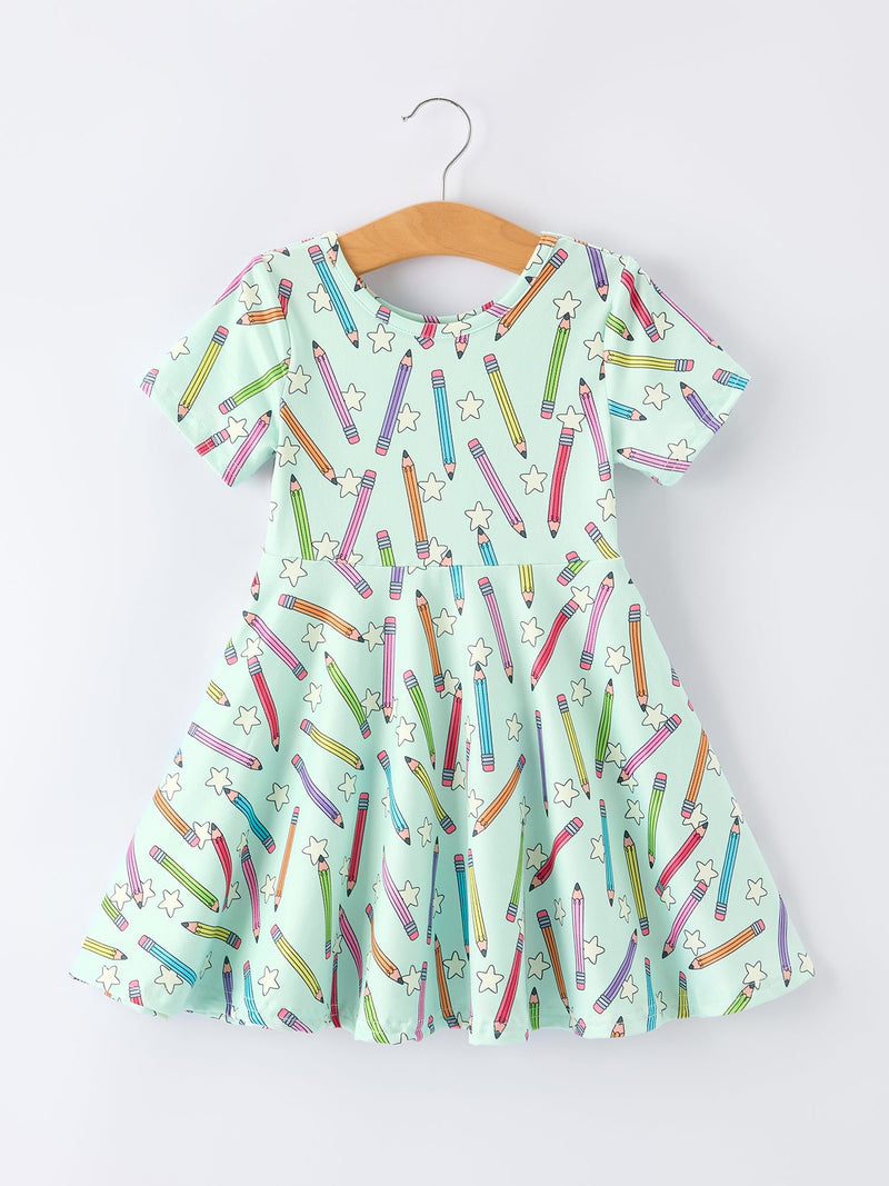 Back to School Pencil Print Girls Dress Short Sleeve - 1
