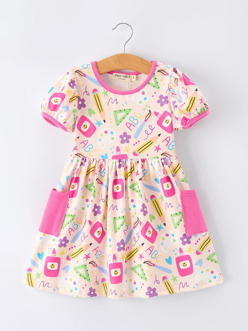 Back to School Print Girls Dress Short Sleeve Pocket - 1