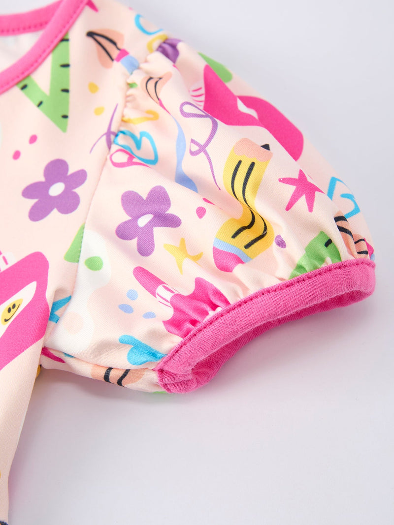 Back to School Print Girls Dress Short Sleeve Pocket - 4