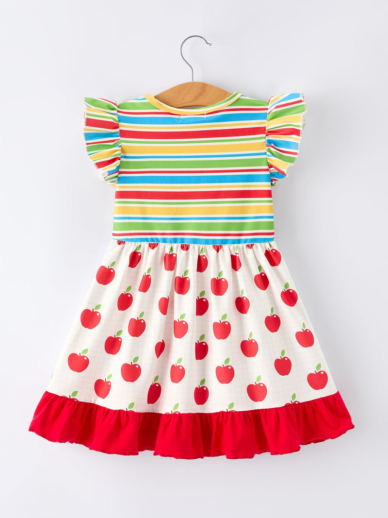 Back to School Apple Stripe Girls Ruffle Dress - 2