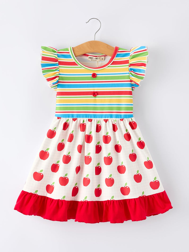 Back to School Apple Stripe Girls Ruffle Dress - 1