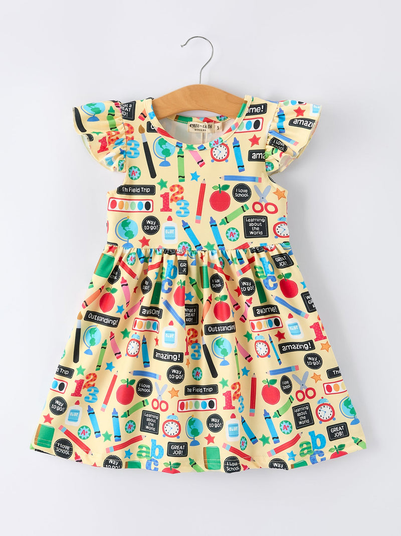 Back to School Alphabet Number Girls Dress Ruffle Sleeve - 1
