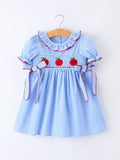 Back To School Apple Plaid Girls Dress Smocked Puff Sleeve Bow - 1