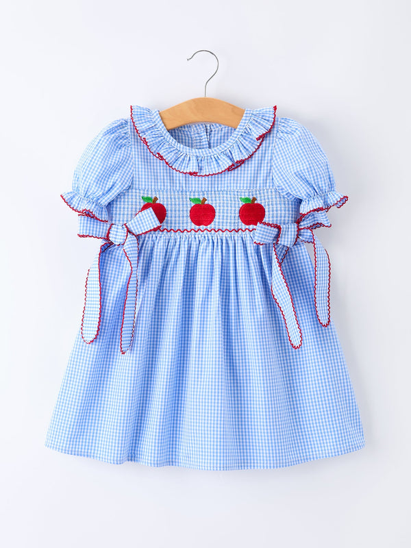 Back To School Apple Plaid Girls Dress Smocked Puff Sleeve Bow