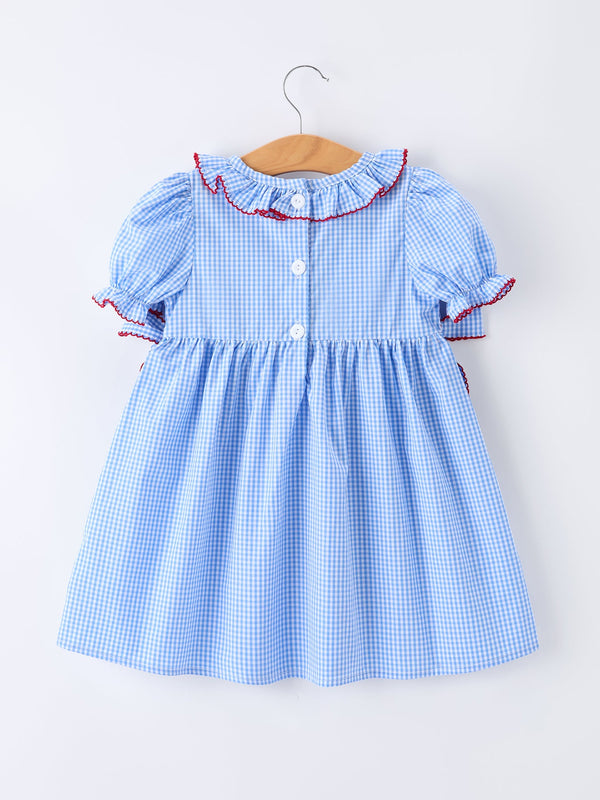 Back To School Apple Plaid Girls Dress Smocked Puff Sleeve Bow