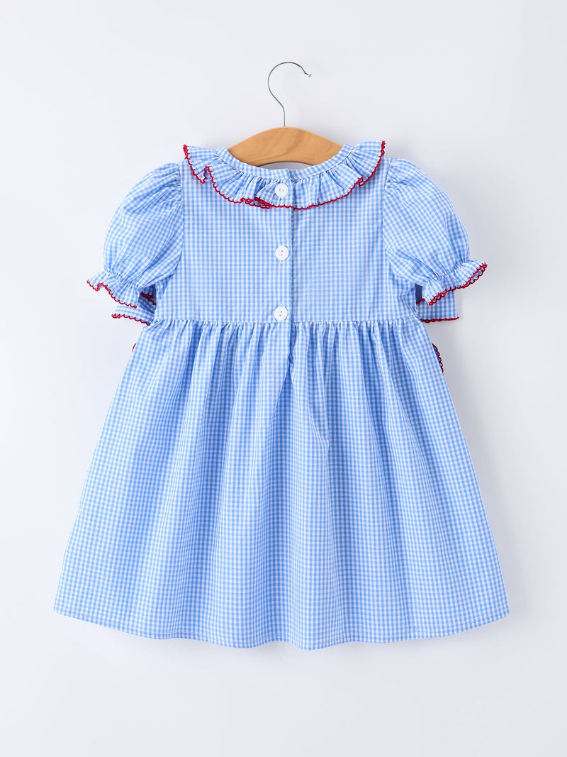 Back To School Apple Plaid Girls Dress Smocked Puff Sleeve Bow - 2