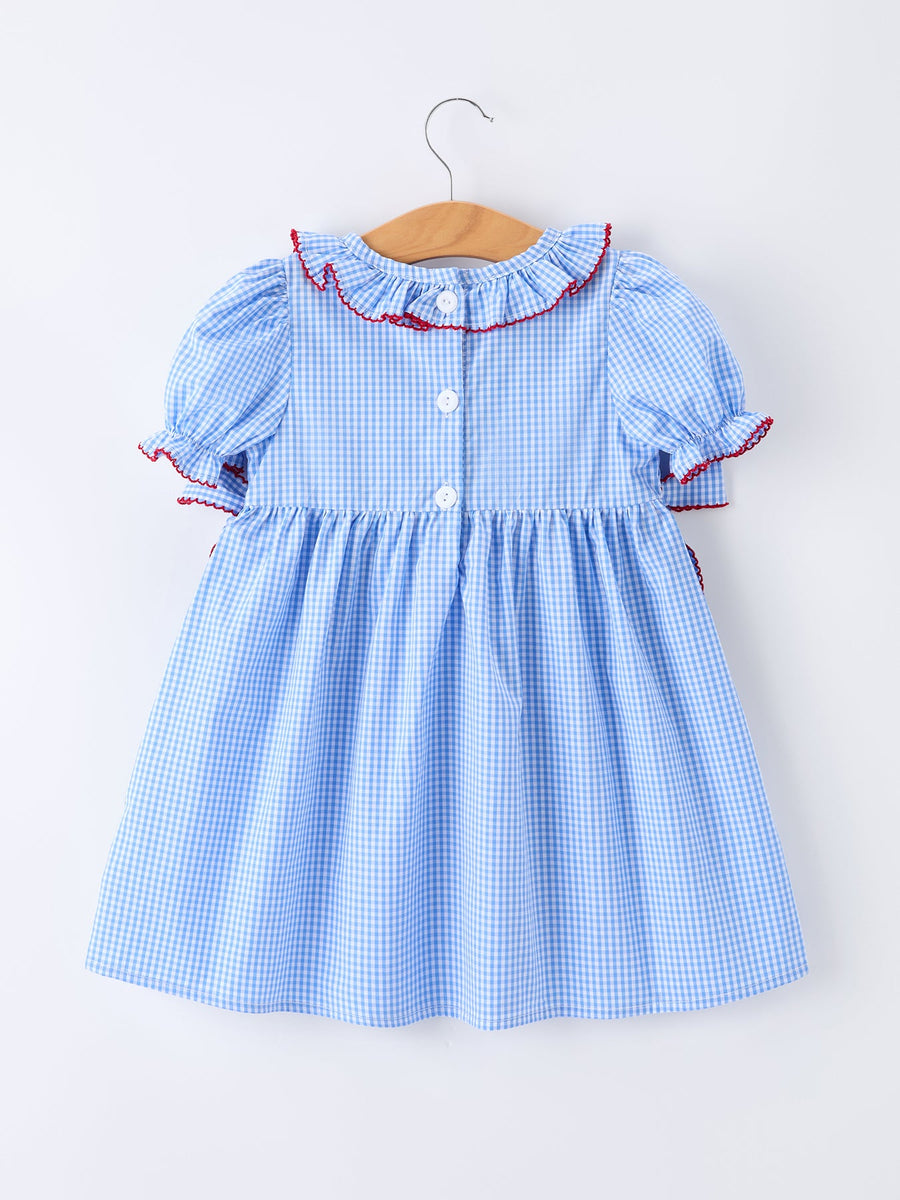 Back To School Apple Plaid Girls Dress Smocked Puff Sleeve Bow