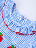 Back To School Apple Plaid Girls Dress Smocked Puff Sleeve Bow - 3