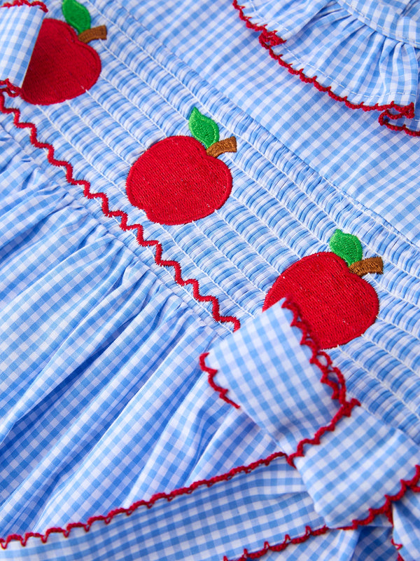 Back To School Apple Plaid Girls Dress Smocked Puff Sleeve Bow
