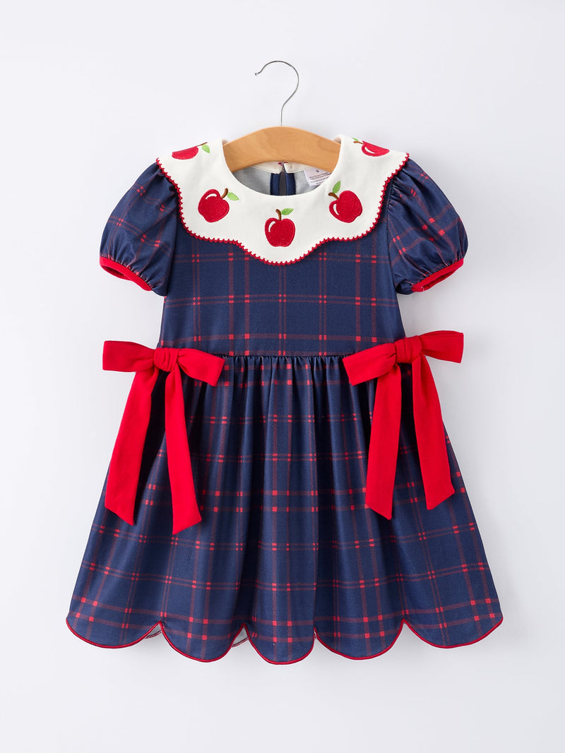 Back To School Apple Plaid Girls Dress Scallop Hem Bow - 1