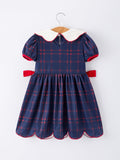 Back To School Apple Plaid Girls Dress Scallop Hem Bow - 2