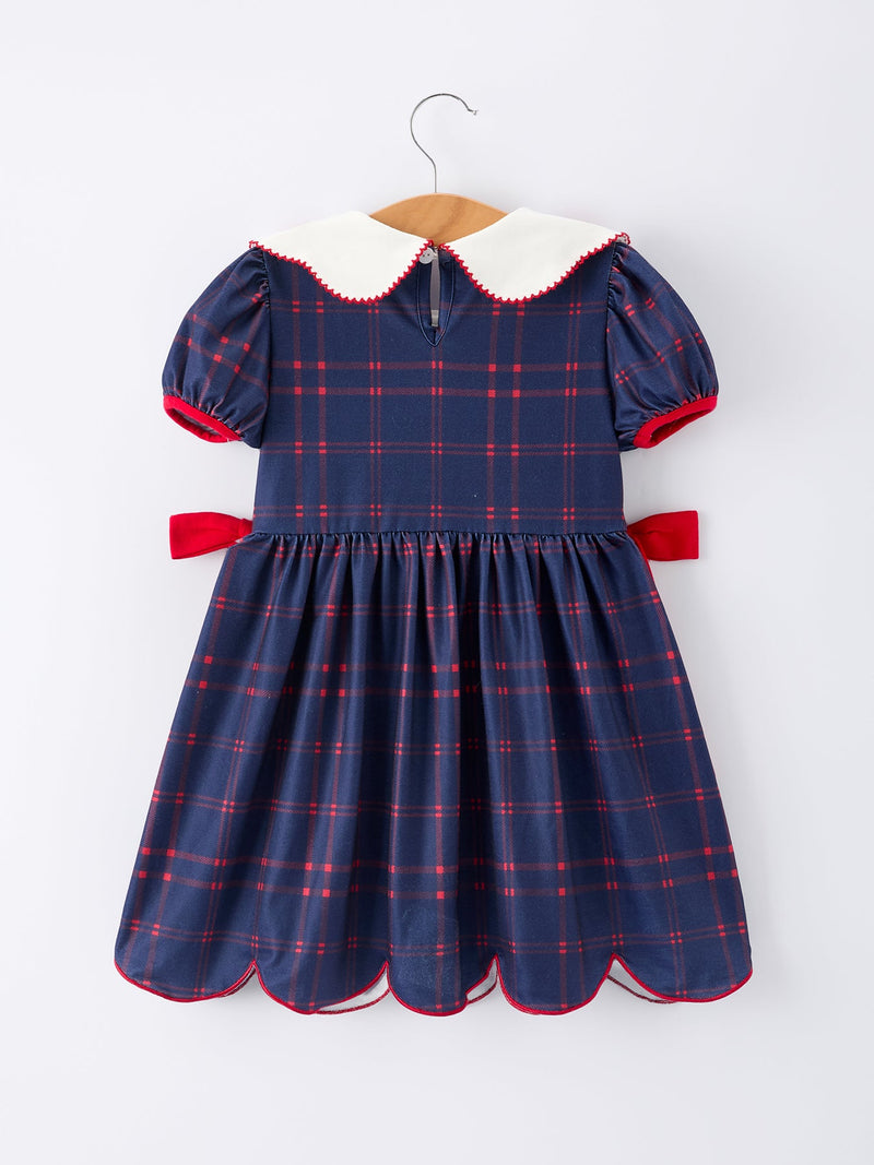 Back To School Apple Plaid Girls Dress Scallop Hem Bow - 2
