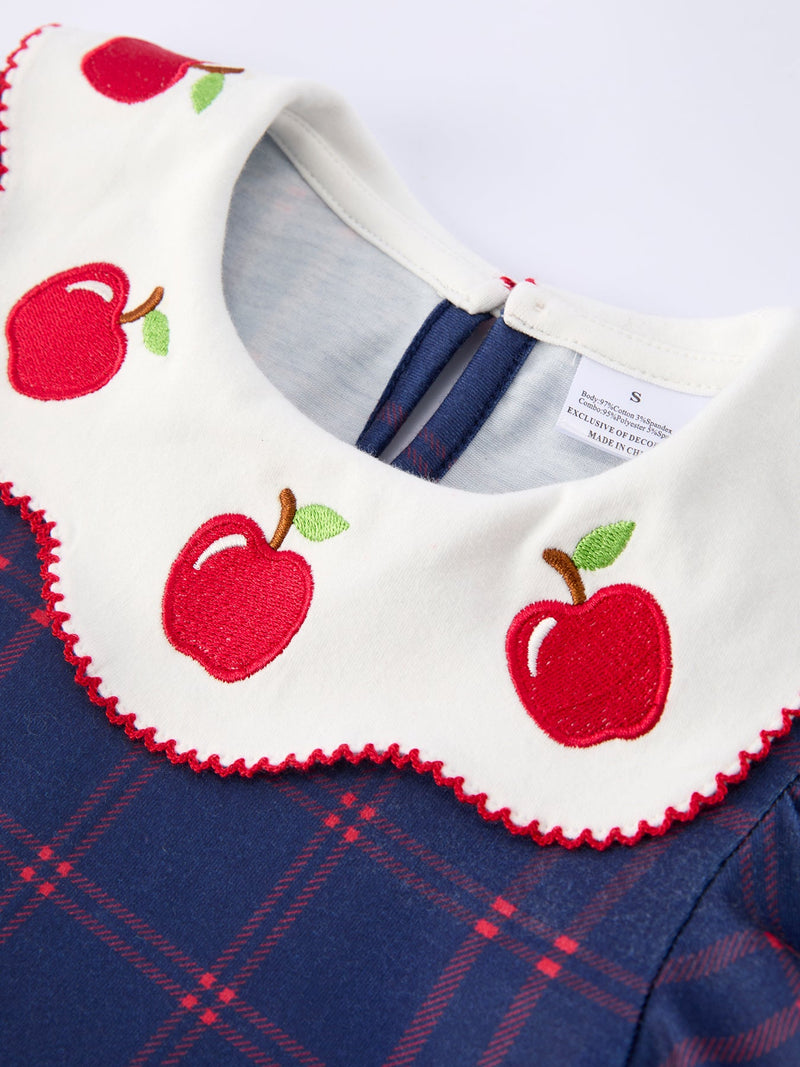 Back To School Apple Plaid Girls Dress Scallop Hem Bow - 3