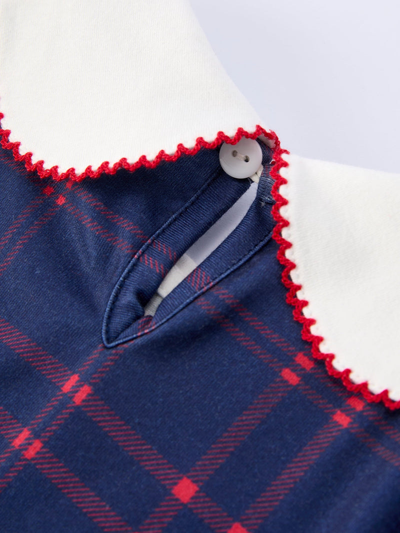 Back To School Apple Plaid Girls Dress Scallop Hem Bow - 5