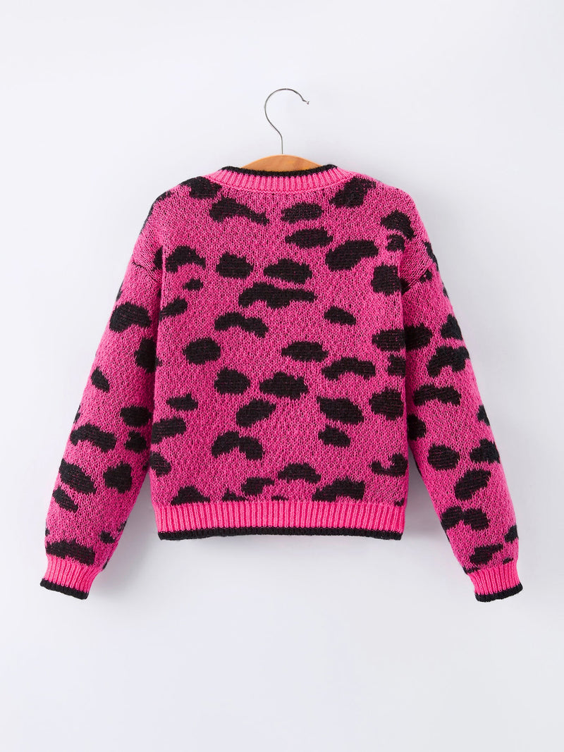 Fall Leopard Bow Girls Knit Cardigan - 2