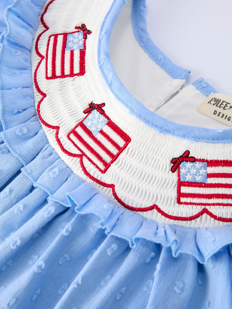 4th of July American Flag Girls Dress Ruffle Collar Scallop Hem - 3