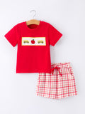 Back To School School Bus Boys Set Red Plaid Shorts - 1