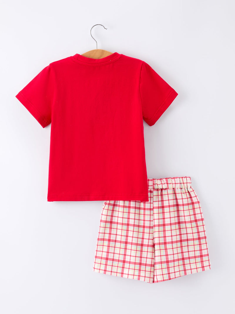 Back To School School Bus Boys Set Red Plaid Shorts - 2