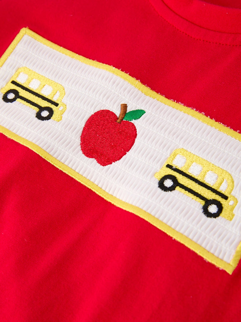 Back To School School Bus Boys Set Red Plaid Shorts - 5