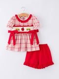 Back To School School Bus Embroidery Plaid Girls Set Ruffle Bow - 1