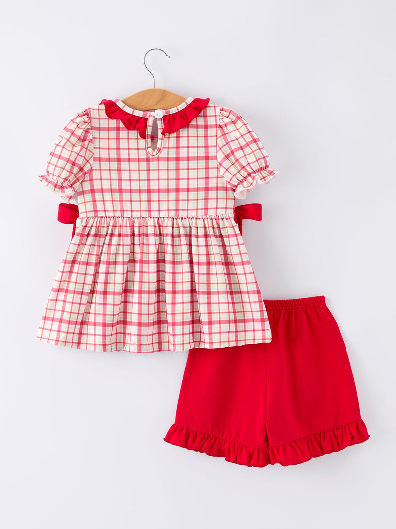 Back To School School Bus Embroidery Plaid Girls Set Ruffle Bow - 2
