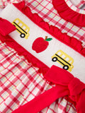 Back To School School Bus Embroidery Plaid Girls Set Ruffle Bow - 4