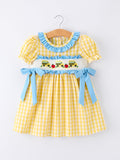 Back To School School Bus Plaid Girls Dress Ruffle Collar Bow - 1