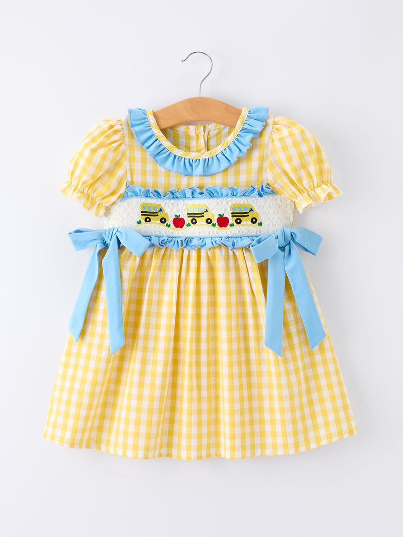 Back To School School Bus Plaid Girls Dress Ruffle Collar Bow - 1