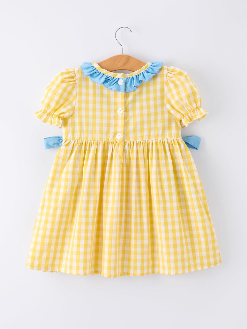 Back To School School Bus Plaid Girls Dress Ruffle Collar Bow - 2
