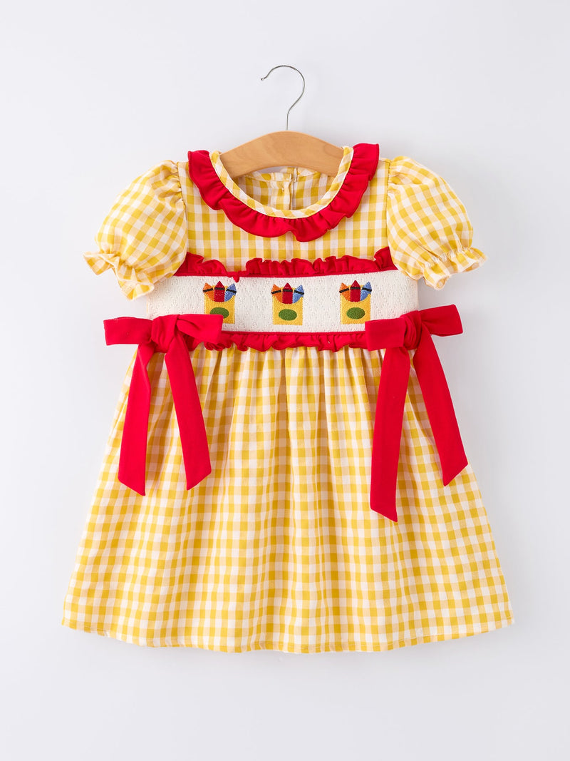 Back To School Supply Plaid Girls Dress Ruffle Collar Bow - 1