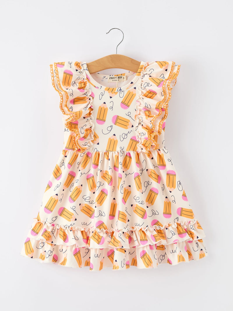 Girls Back To School Pencil Twirl Dress Ruffle Flutter Sleeve - 1