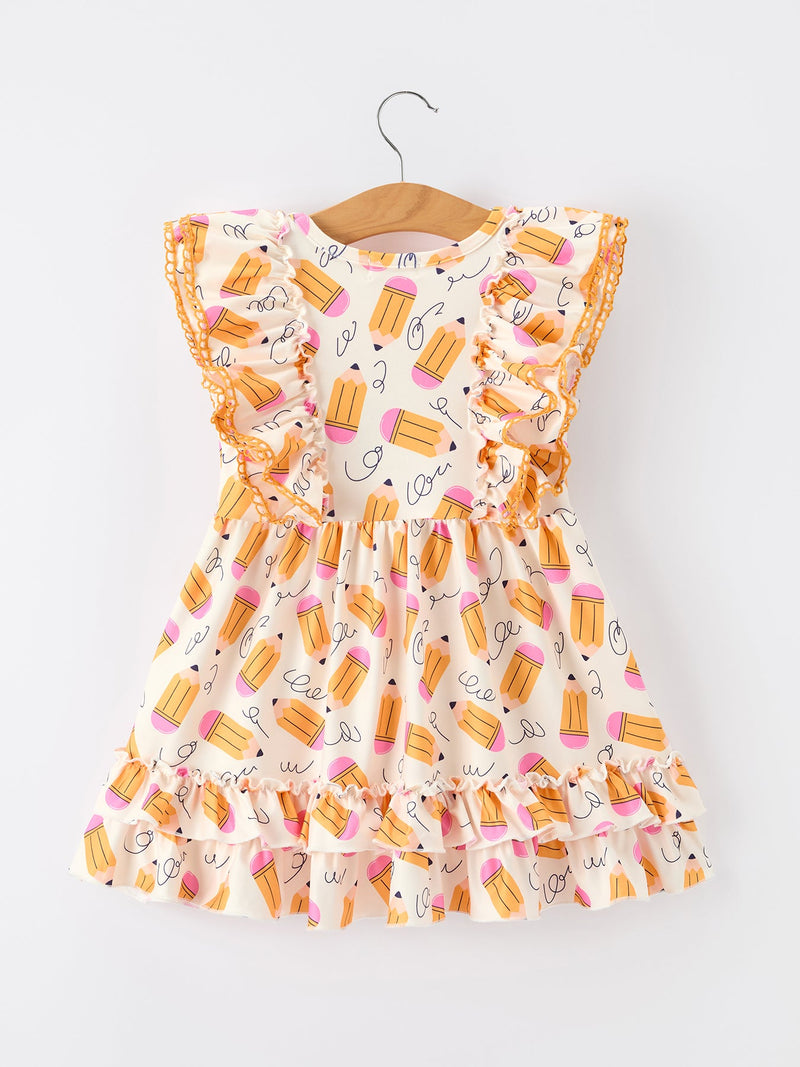 Girls Back To School Pencil Twirl Dress Ruffle Flutter Sleeve - 2