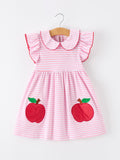 Girls Back To School Apple Applique Twirl Dress Ruffle Petal Collar - 1