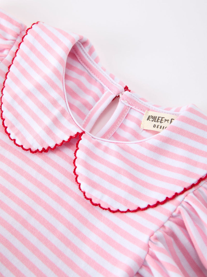 Girls Back To School Apple Applique Twirl Dress Ruffle Petal Collar - 3