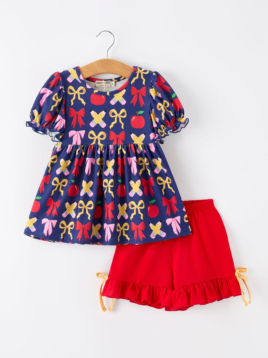 Girls Apple Bow Back to School Top and Ruffle Shorts Set