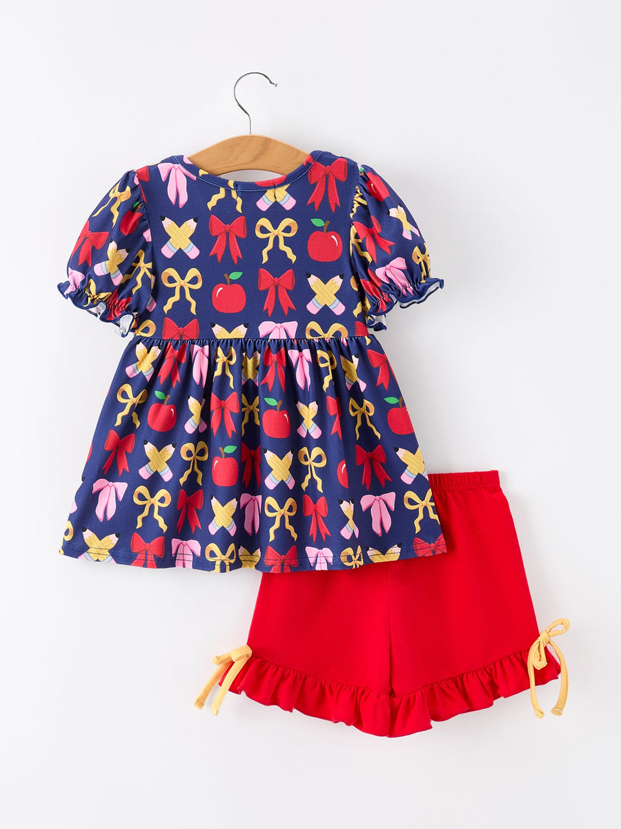 Girls Apple Bow Back to School Top and Ruffle Shorts Set