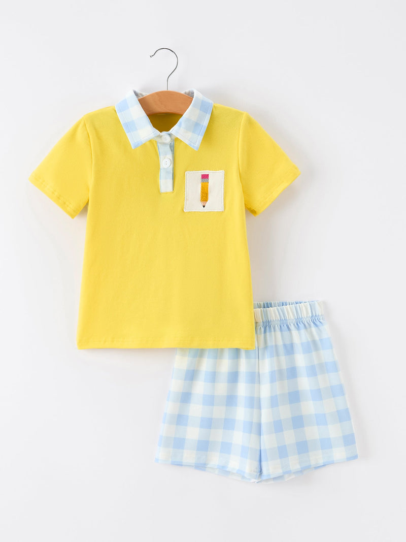 Boys Back To School Pencil Plaid Polo Short Set Embroidery - 1