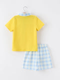 Boys Back To School Pencil Plaid Polo Short Set Embroidery - 2
